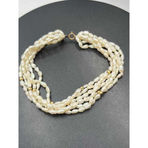 14k Yellow Gold Clasp Beaded Six Strand Freshwater Rice Pearls Women's Bracelet - Picture 9 of 9